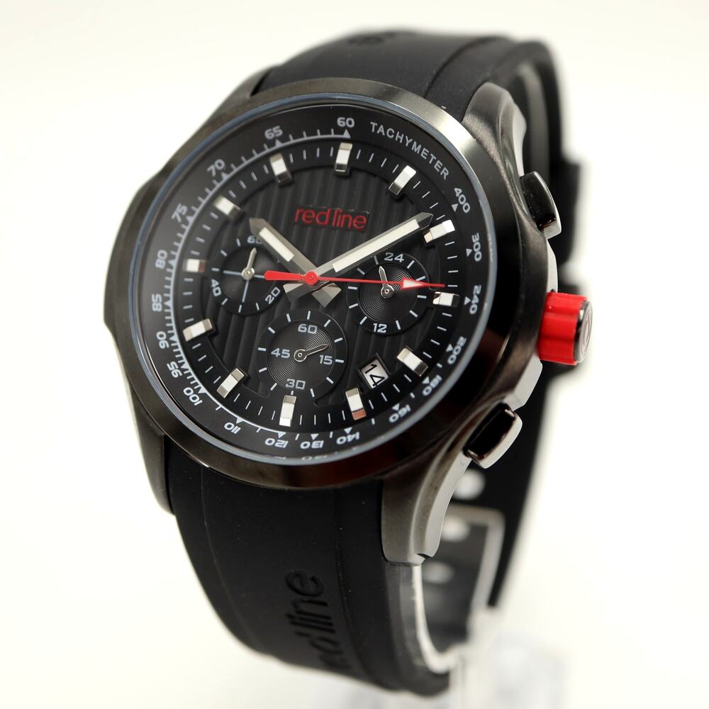 Redline Mens Chronograph Black Red Date 47mm Watch Silicone Strap w New Battery